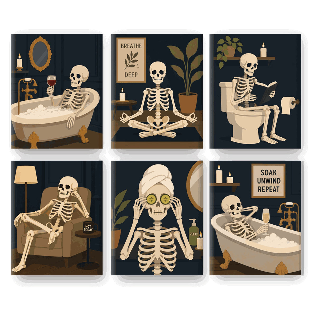 Coffret 6 peintures par numéro Spa des Squelettes – squelettes en pleine détente, bain, méditation et sieste – Maison Artsen