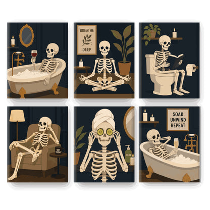Coffret 6 peintures par numéro Spa des Squelettes – squelettes en pleine détente, bain, méditation et sieste – Maison Artsen