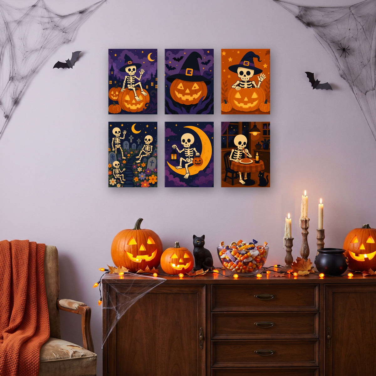 Coffret 6 mini-toiles Squelettes au Clair de Lune accrochées dans un salon décoré pour Halloween — Maison Artsen