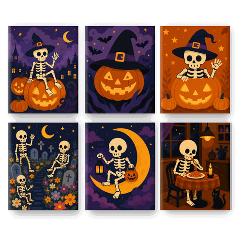Coffret 6 peintures par numéro Squelettes au Clair de Lune – squelettes farceurs, citrouilles allumées et cimetière fleuri – Maison Artsen