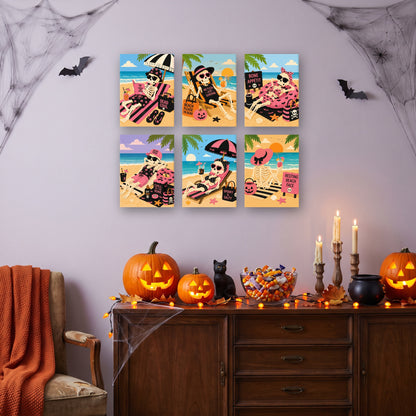 Coffret 6 mini-toiles Squelettes au Soleil accrochées dans un salon décoré pour Halloween — Maison Artsen