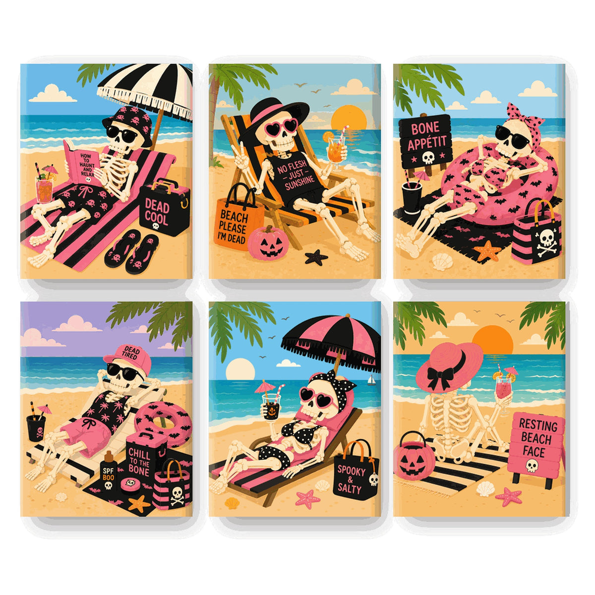 Coffret 6 peintures par numéro Squelettes au Soleil – squelettes rose et noir en transat à la plage – Maison Artsen