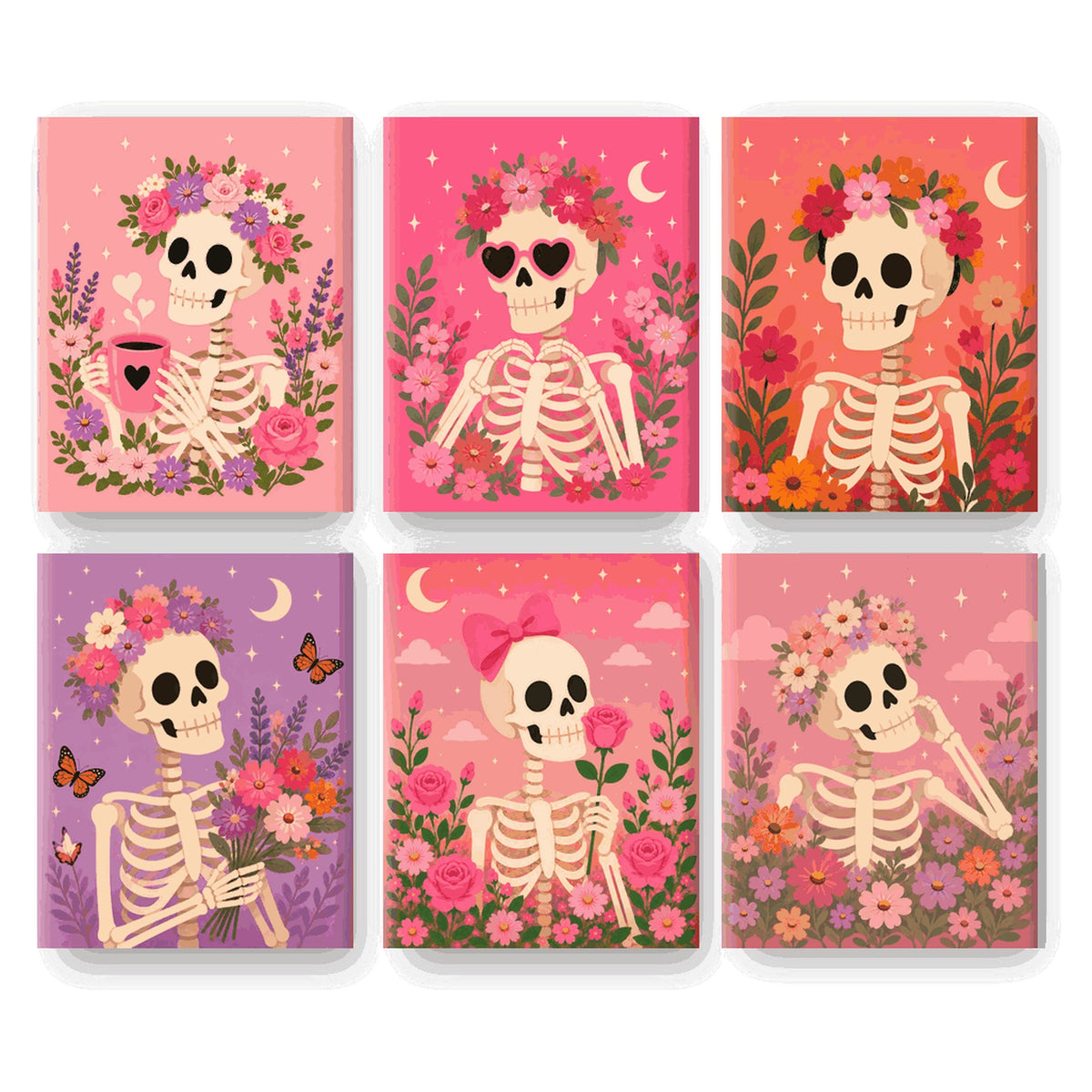 Coffret 6 peintures par numéro Squelettes en Fleurs – squelettes couronnés de fleurs sur fonds roses – Maison Artsen