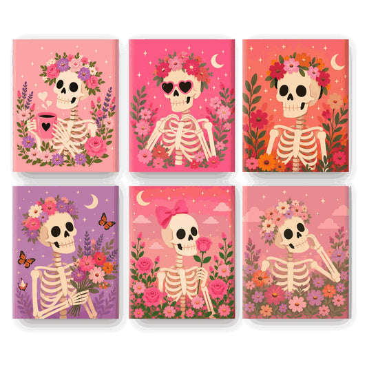 Coffret 6 peintures par numéro Squelettes en Fleurs – squelettes couronnés de fleurs sur fonds roses – Maison Artsen