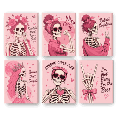 Coffret 6 peintures par numéro Squelettes en Rose – squelettes féminins stylés sur fond rose poudré – Maison Artsen
