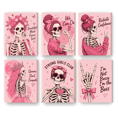 Coffret 6 peintures par numéro Squelettes en Rose – squelettes féminins stylés sur fond rose poudré – Maison Artsen