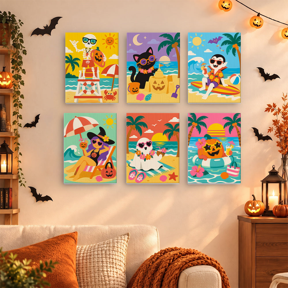 Coffret 6 mini-toiles Surf et Sortilèges accrochées dans un salon décoré pour Halloween, Maison Artsen