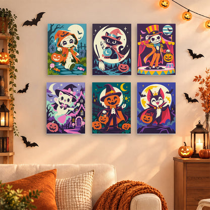 Coffret 6 mini-toiles Théâtre de Minuit accrochées dans un salon décoré pour Halloween, Maison Artsen
