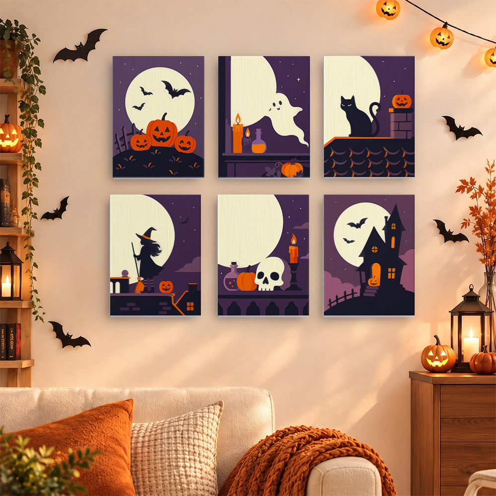 Coffret 6 mini-toiles Toits sous la Lune accrochées dans un salon décoré pour Halloween, Maison Artsen