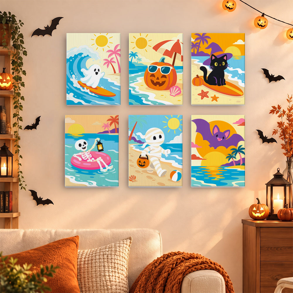 Coffret 6 mini-toiles Vagues d'Halloween accrochées dans un salon décoré pour Halloween, Maison Artsen
