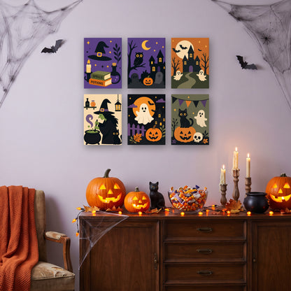 Coffret 6 mini-toiles Veillée des Sorcières accrochées dans un salon décoré pour Halloween — Maison Artsen