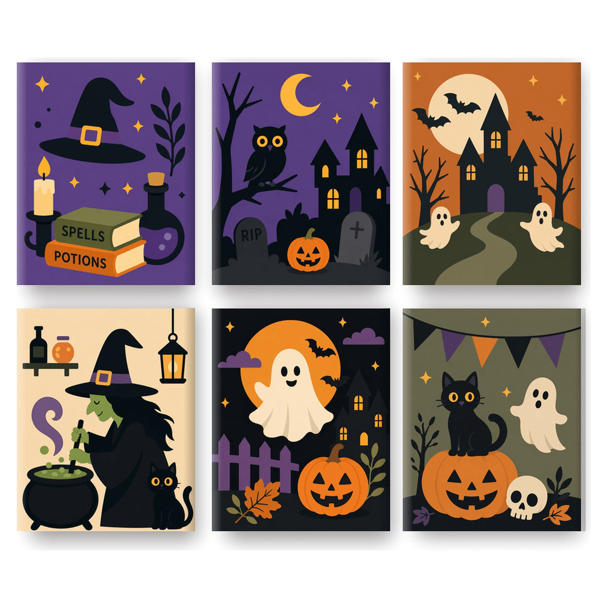 Coffret 6 peintures par numéro Veillée des Sorcières – sorcière au chaudron, chouette, manoir et chat noir – Maison Artsen