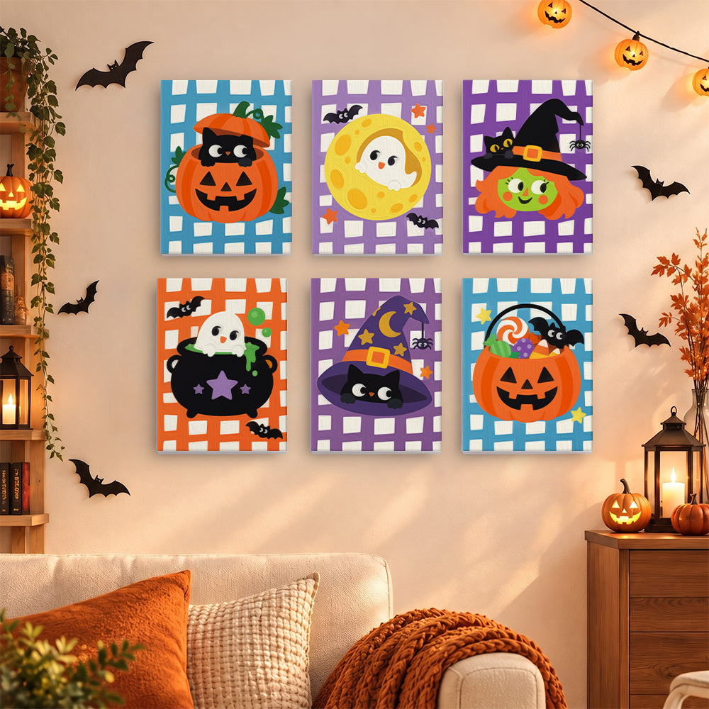 Coffret 6 mini-toiles Vichy d'Halloween accrochées dans un salon décoré pour Halloween, Maison Artsen