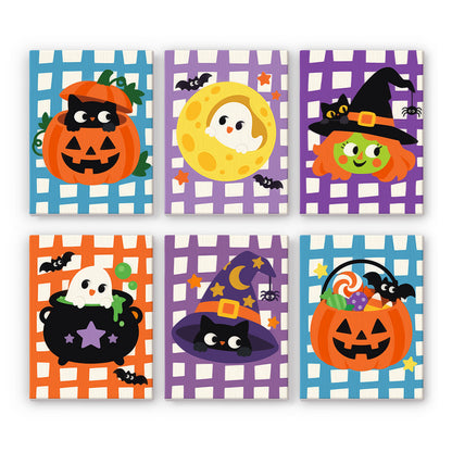 Coffret 6 peintures par numéro Vichy d'Halloween, carreaux vichy, chat dans sa citrouille, chaudron et bonbons, Maison Artsen