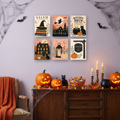 Coffret 6 mini-toiles Ville des Sorcières accrochées dans un salon décoré pour Halloween — Maison Artsen