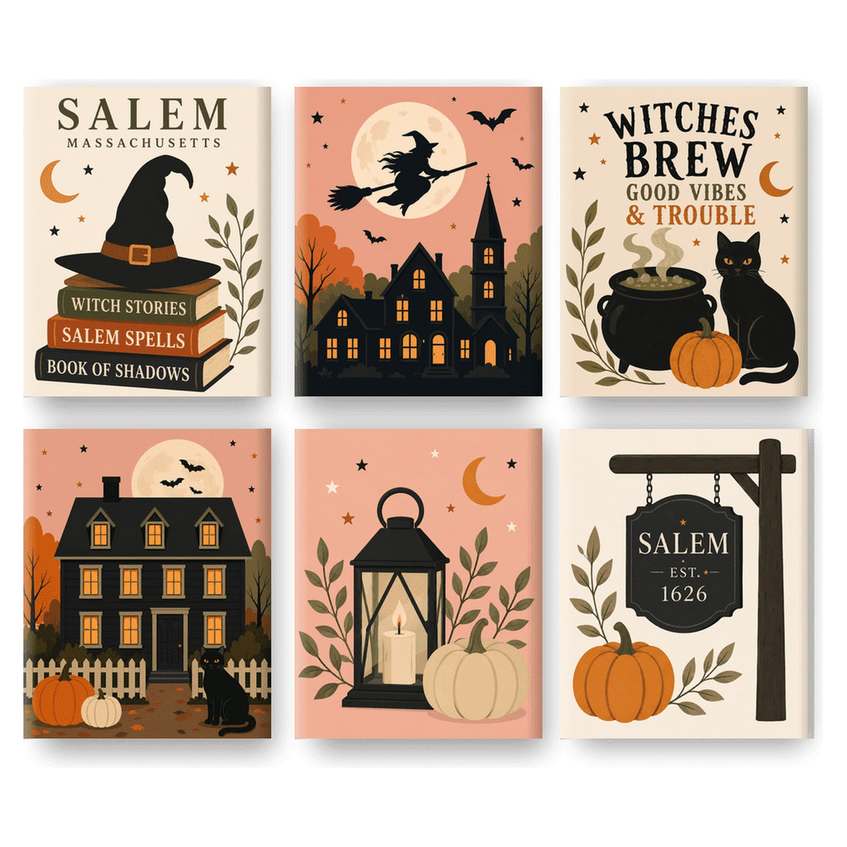 Coffret 6 peintures par numéro Ville des Sorcières – grimoires, sorcière en vol, maison sombre et lanterne – Maison Artsen
