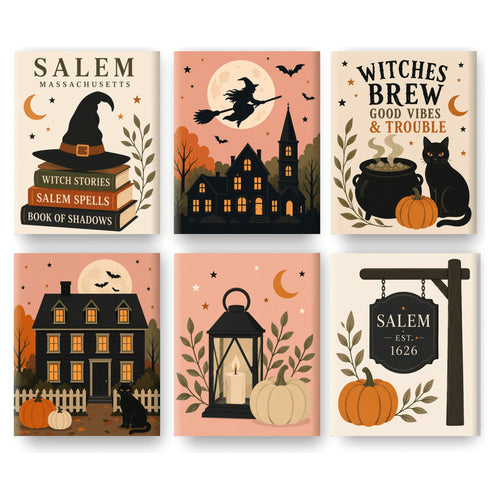 Coffret 6 peintures par numéro Ville des Sorcières – grimoires, sorcière en vol, maison sombre et lanterne – Maison Artsen