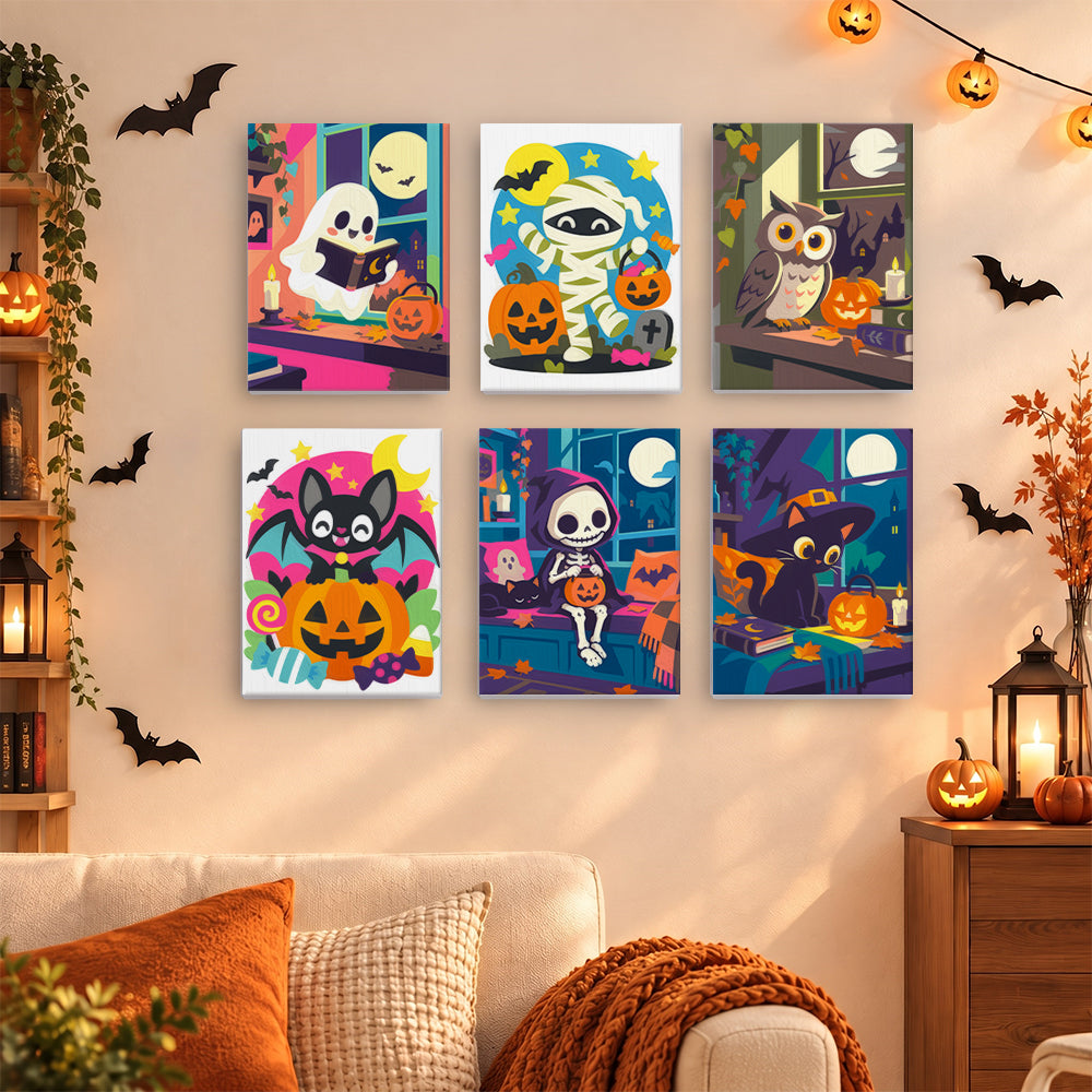 Coffret 6 mini-toiles Voisins de Minuit accrochées dans un salon décoré pour Halloween, Maison Artsen