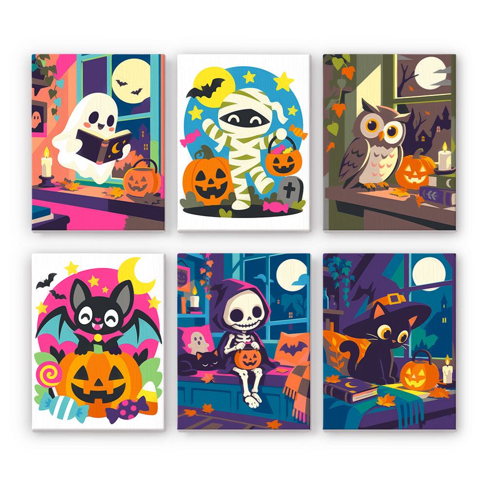 Coffret 6 peintures par numéro Voisins de Minuit, fantôme lecteur, hibou, momie et chat noir en soirée douillette, Maison Artsen