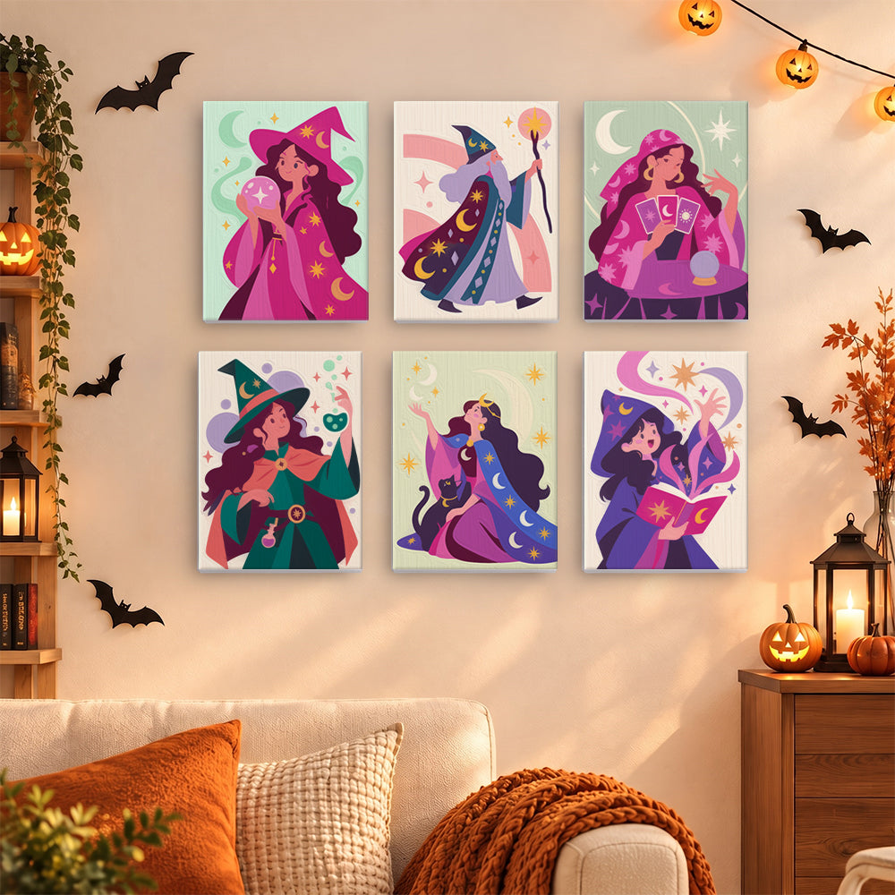 Coffret 6 mini-toiles Voyantes et Sorciers accrochées dans un salon décoré pour Halloween, Maison Artsen