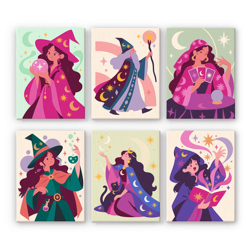 Coffret 6 peintures par numéro Voyantes et Sorciers, voyantes et sorciers, boule de cristal, tarot et grimoire, Maison Artsen