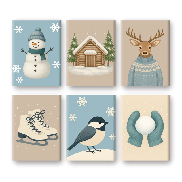 Coffret 6 peintures par numéro Blanche neige – féérique et hivernal – Maison Artsen