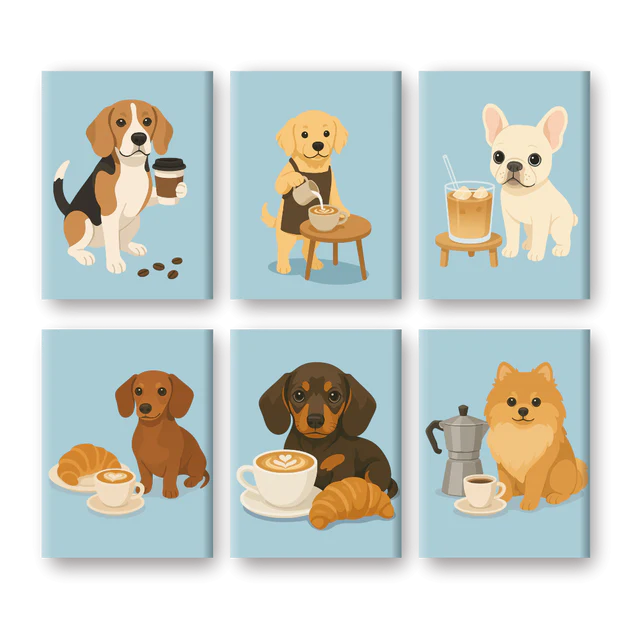Coffret 6 peintures par numéro Chiot au petit déj’ – sur le thème des animaux – Maison Artsen