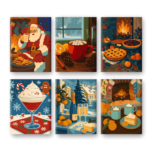 Coffret 6 peintures par numéro Douce soirée d’hiver – pour un Noël magique – Maison Artsen