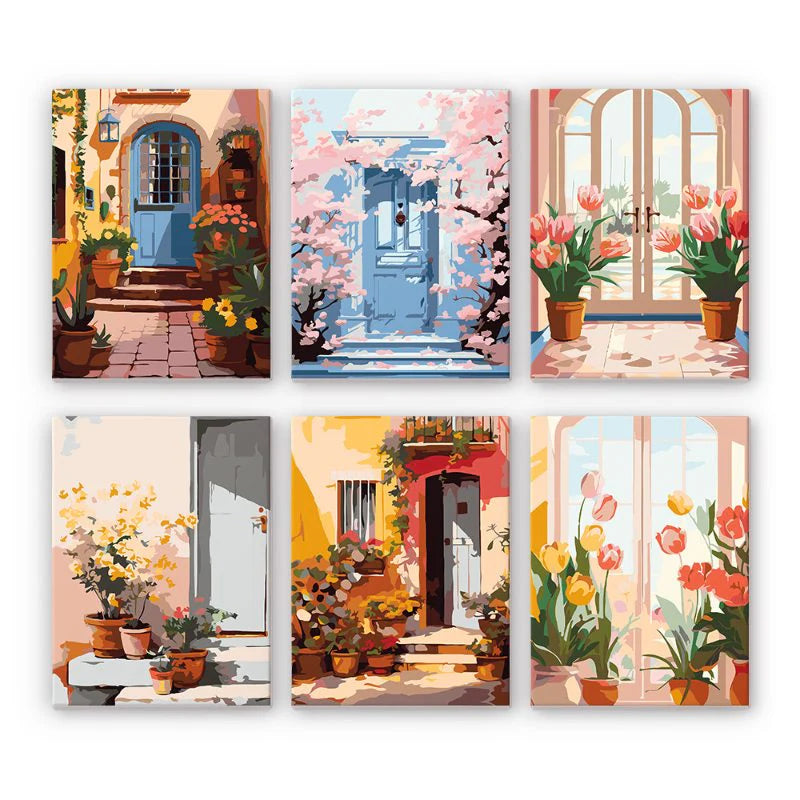 Coffret 6 peintures par numéro Entrées Fleuries – aux paysages inspirants – Maison Artsen