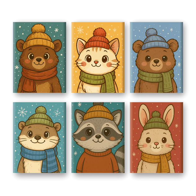 Coffret 6 peintures par numéro Hiver mimi – sur le thème de l'hiver et des animaux mignons – Maison Artsen