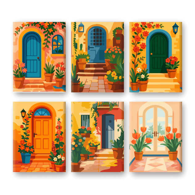 Coffret de 6 peintures par numéro “Maisons fleuries”