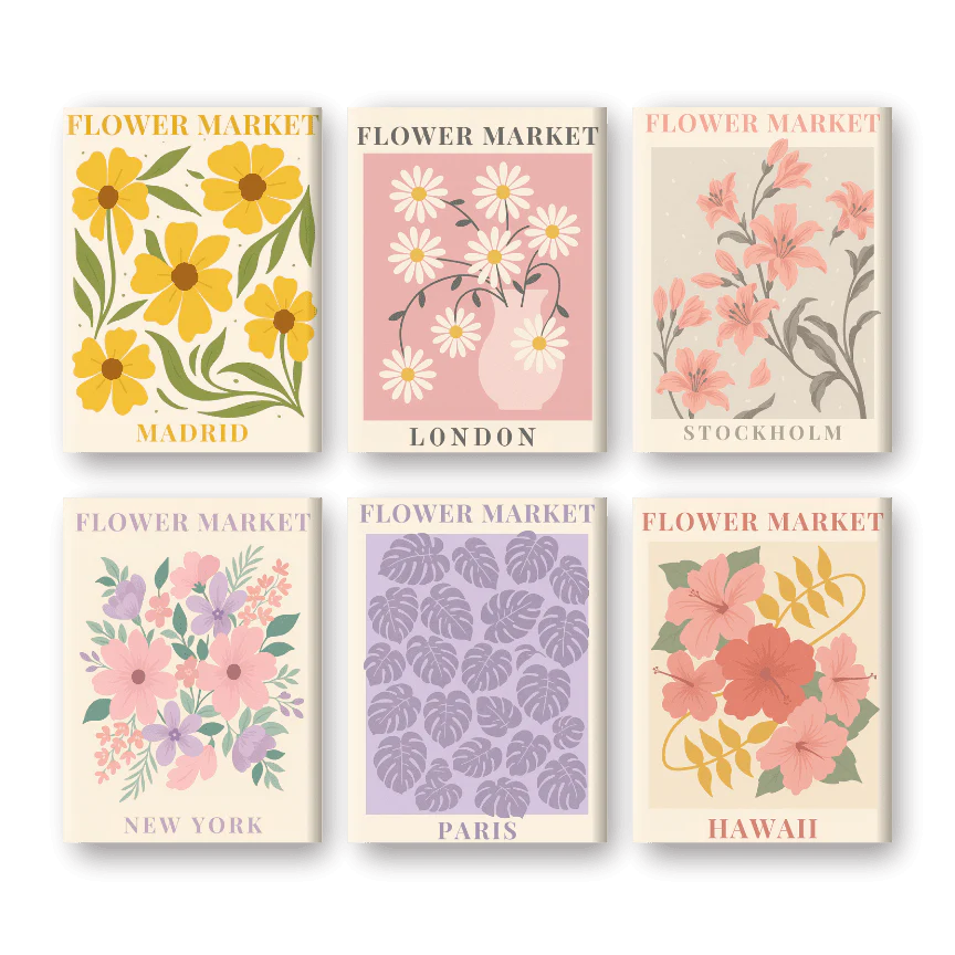 Coffret 6 peintures par numéro Marchés, Fleurs, Villes – sur le thème de la nature – Maison Artsen