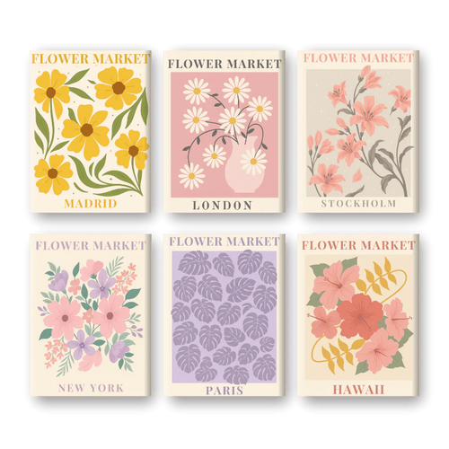 Coffret “Marchés, Fleurs, Villes” – 6 peintures par numéro