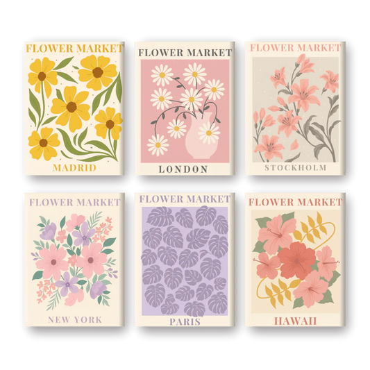 Coffret de 6 peintures par numéro “Marchés, Fleurs, Villes”