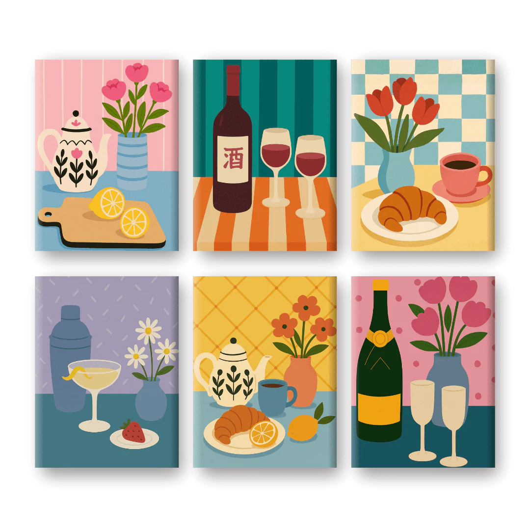 Coffret 6 peintures par numéro Tables colorées – sur le thème des tables décorées – Maison Artsen