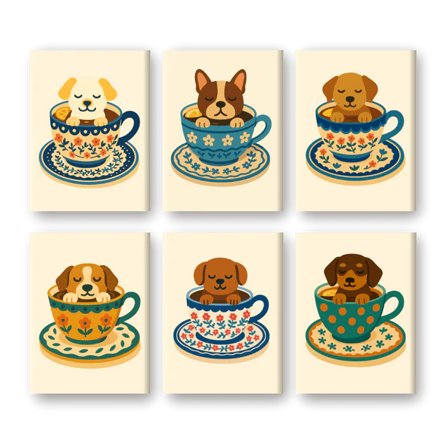 Coffret “Tasses & Chiots” – 6 peintures par numéro