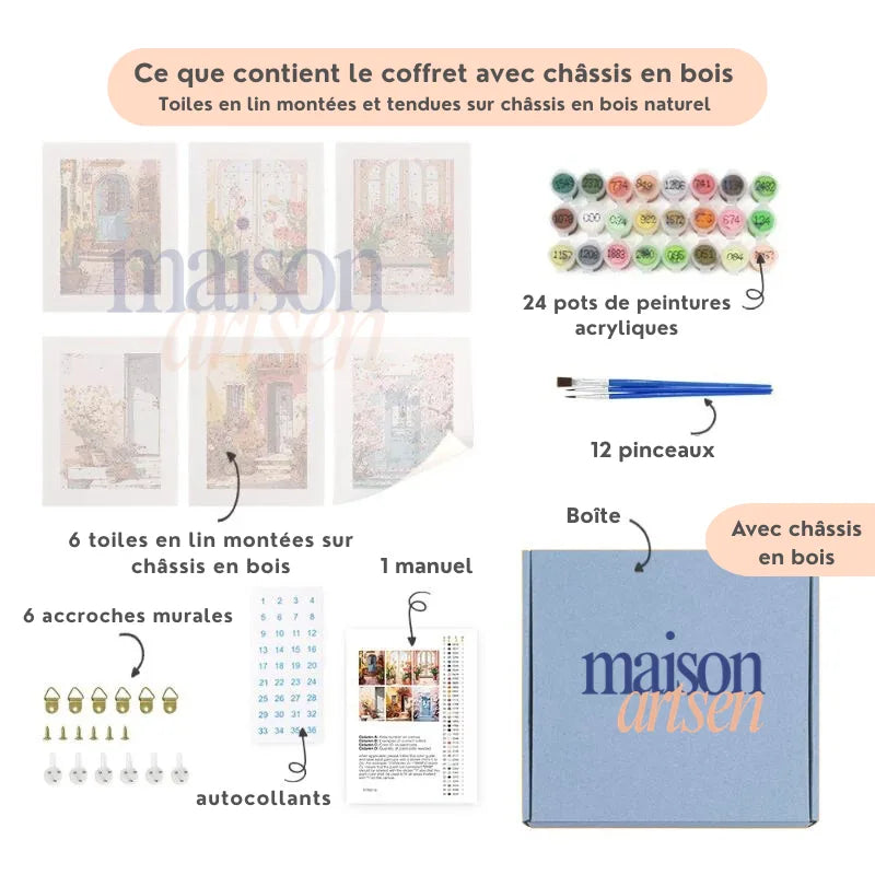 Contenu du coffret peinture par numéro avec châssis en bois – 6 toiles en lin, 24 pots de peinture acrylique, 12 pinceaux et boîte Maison Artsen