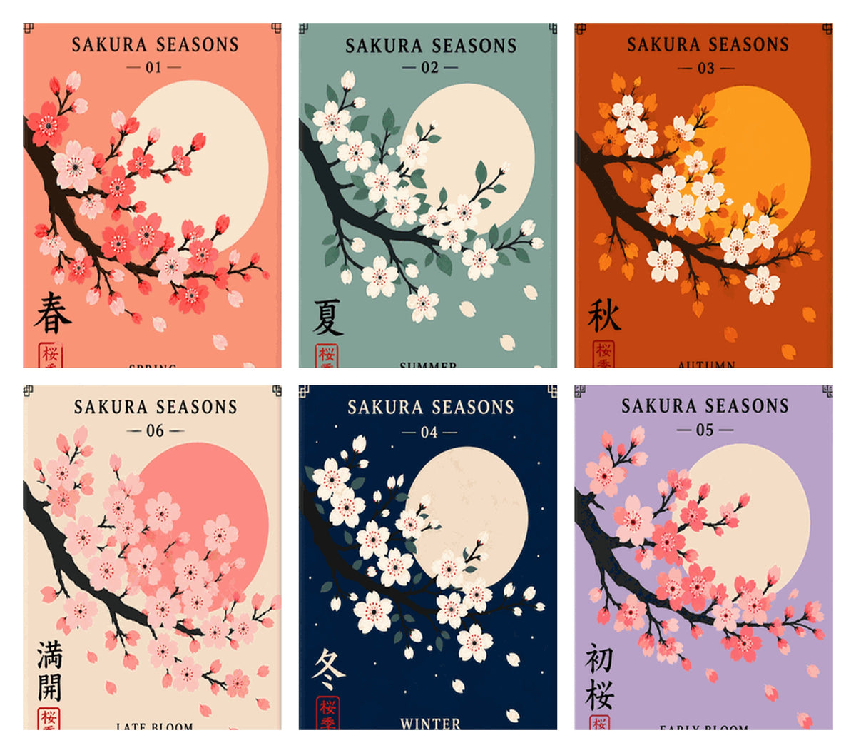 Coffret de 6 peintures par numéro Saisons des Cerisiers, les mini-toiles à plat, Maison Artsen