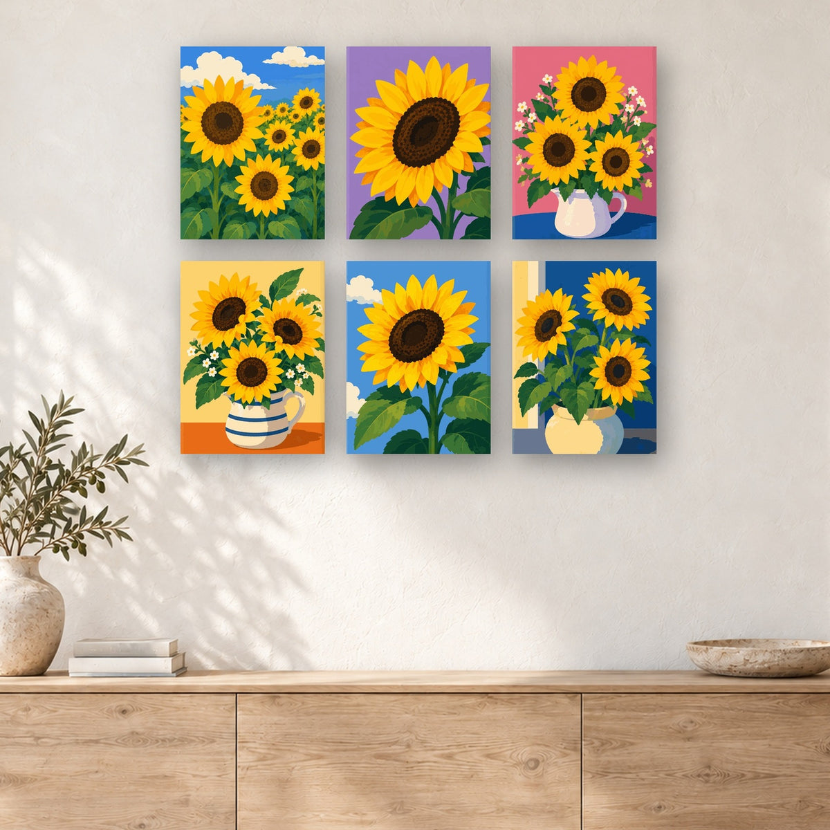 Coffret de 6 peintures par numéro Tournesols Colorés, mini-toiles présentées au mur, Maison Artsen