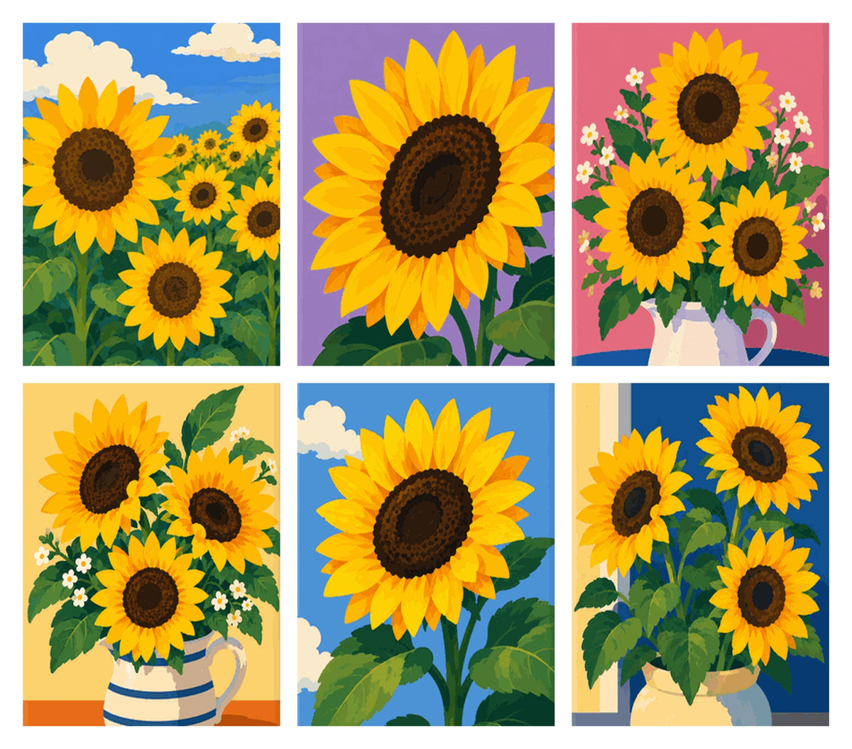 Coffret de 6 peintures par numéro Tournesols Colorés, les mini-toiles à plat, Maison Artsen