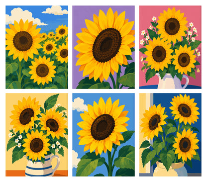 Coffret de 6 peintures par numéro Tournesols Colorés, les mini-toiles à plat, Maison Artsen