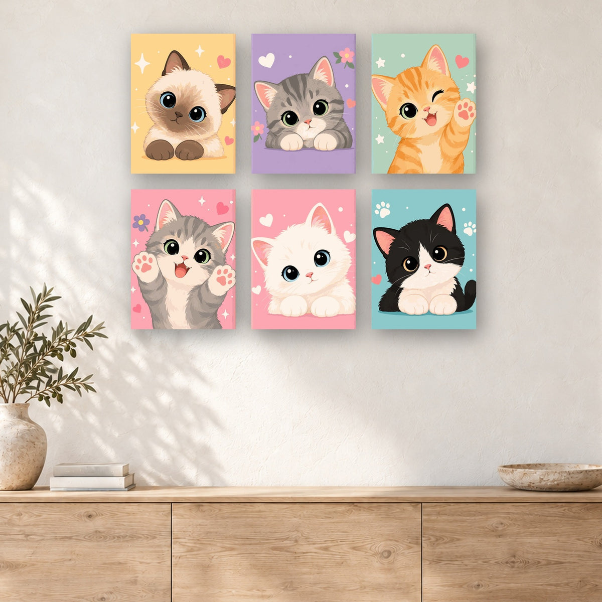 Coffret de 6 peintures par numéro Chats Kawaii, mini-toiles présentées au mur, Maison Artsen