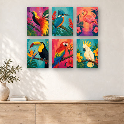 Coffret de 6 peintures par numéro Oiseaux Tropicaux, mini-toiles présentées au mur, Maison Artsen