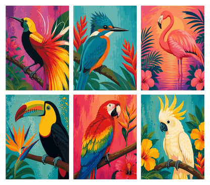 Coffret de 6 peintures par numéro Oiseaux Tropicaux, les mini-toiles à plat, Maison Artsen