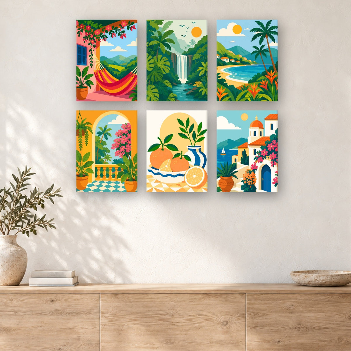 Coffret de 6 peintures par numéro Escapades d'Été, mini-toiles présentées au mur, Maison Artsen