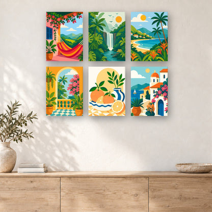 Coffret de 6 peintures par numéro Escapades d'Été, mini-toiles présentées au mur, Maison Artsen