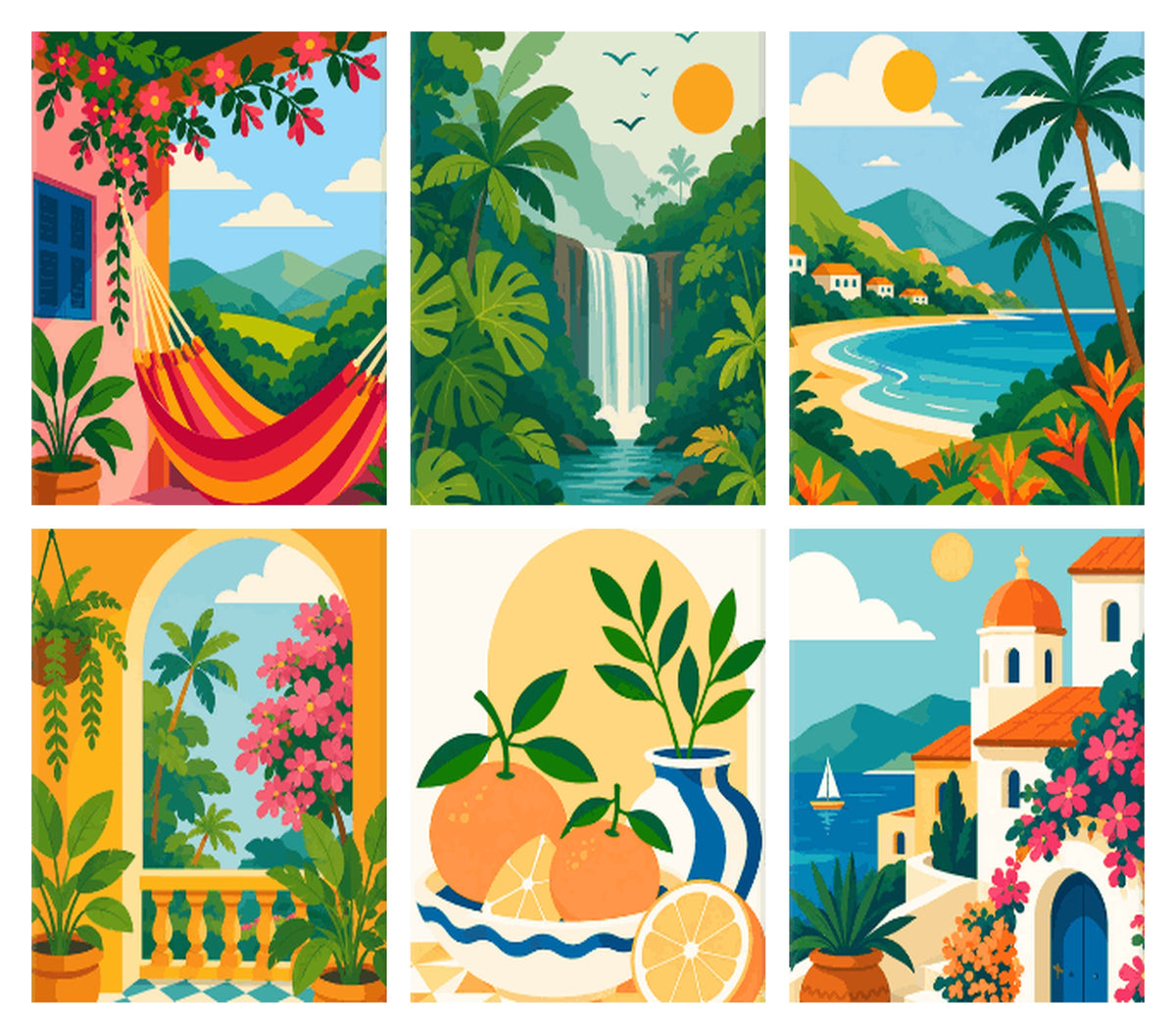 Coffret de 6 peintures par numéro Escapades d'Été, les mini-toiles à plat, Maison Artsen