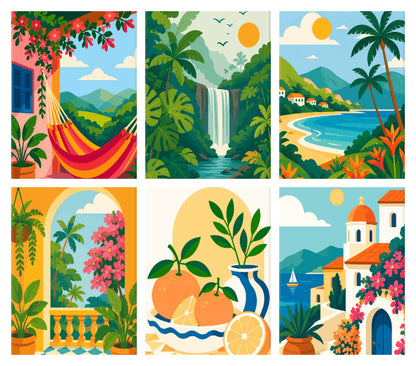 Coffret de 6 peintures par numéro Escapades d'Été, les mini-toiles à plat, Maison Artsen