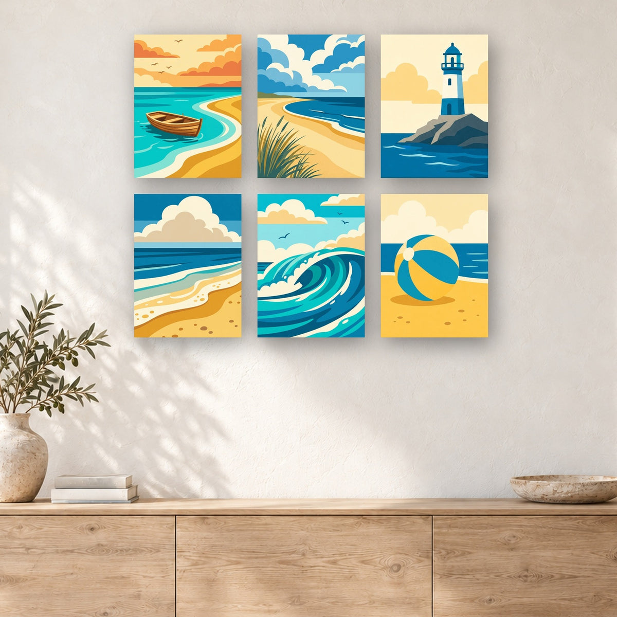 Coffret de 6 peintures par numéro Marées Bleues, mini-toiles présentées au mur, Maison Artsen