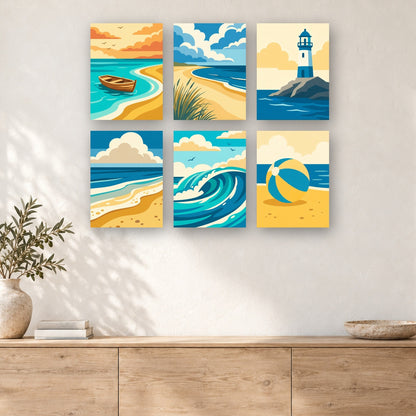 Coffret de 6 peintures par numéro Marées Bleues, mini-toiles présentées au mur, Maison Artsen